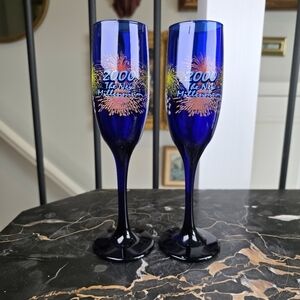 Vintage Y2K 2000 The New Millennium Champagne Flutes Pair Cobalt Blue Glass Bar